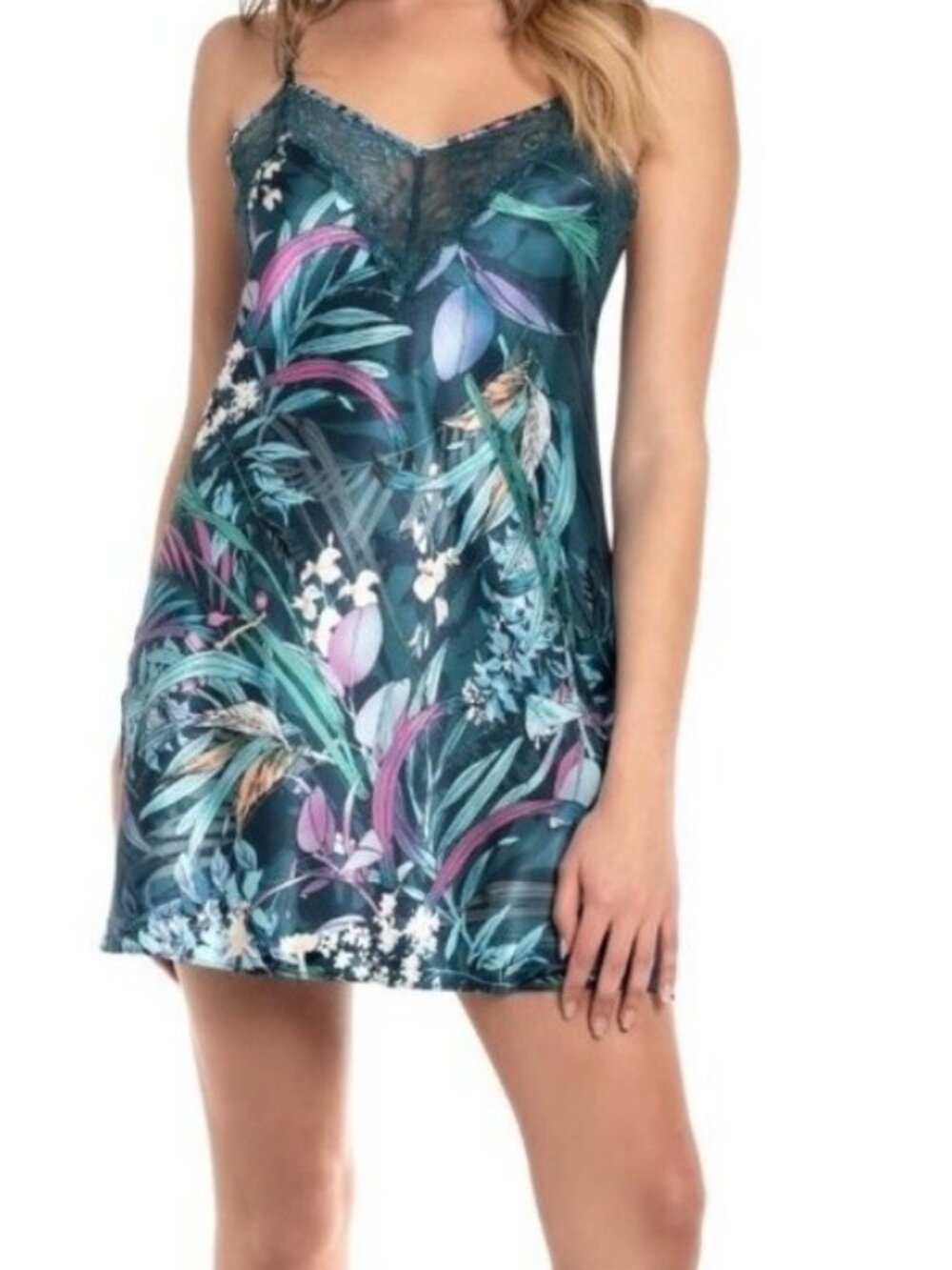 Linea Donatella Women's Floral Lace Trim Chemise Nightgown, Green, Size L